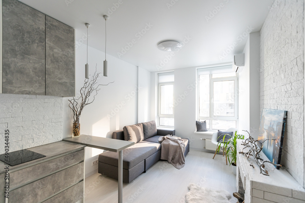 Stylish designed studio apartment with kitchen open to living room and bedroom. - obrazy, fototapety, plakaty 