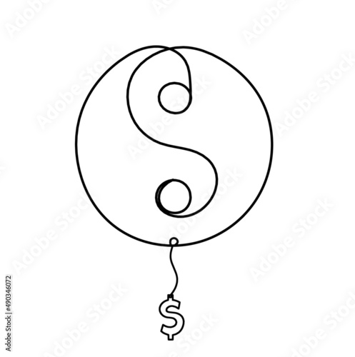 Sign of yin and yang  with dollar as line drawing on white background. Vector