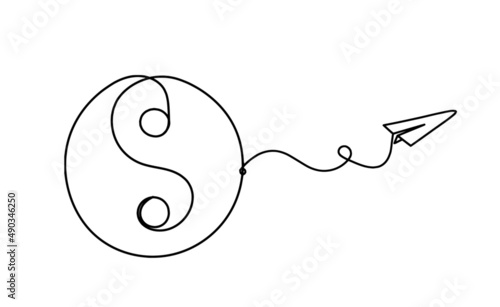 Sign of yin and yang with paper plane as line drawing on white background