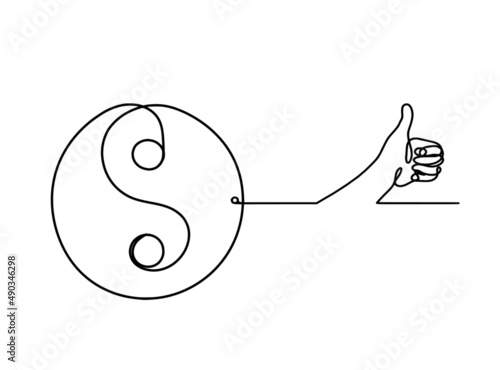 Sign of yin and yang  with hand as line drawing on white background