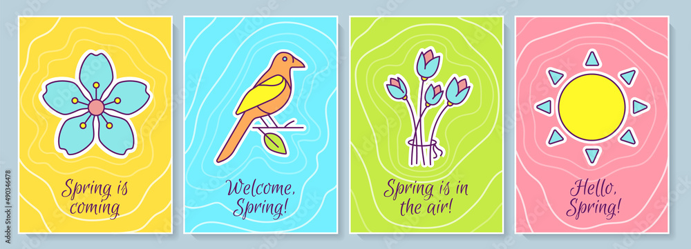 Spring greeting card with color icon element set. Springtime greetings and wishes. Postcard vector design. Decorative flyer with creative illustration. Notecard with congratulatory message
