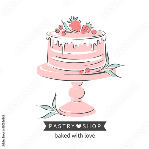 Cake and berries on pedestal. Cake shop logo. Vector illustration for menu, recipe book, baking shop, cafe, restaurant.