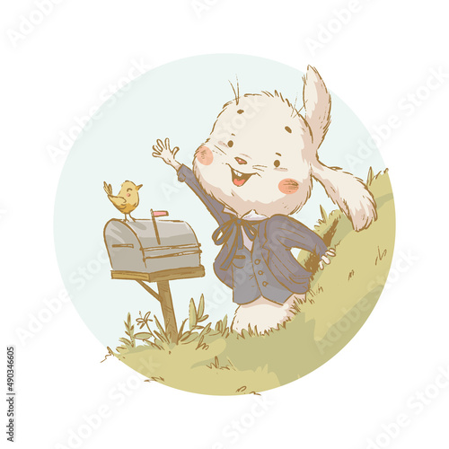 Vector spring illustration of cute bunny waving in his hole in green hill at mailbox isolated. Vintage hand drawn sketch style. For cards, prints, posters, banners etc.