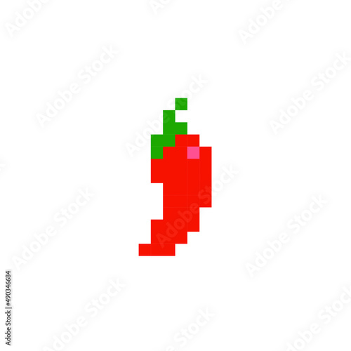 Pixelated style illustration of a chilli red pepper. Pixel art of a chili pepper in 8 bit. 8-bit sprite. Design stickers, logo, mobile app. Paprika. Jalapeno. Spicy. Cayenne. 