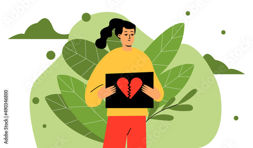 A woman with a broken heart. A young girl holds a card with a drawn heart. Vector illustration
