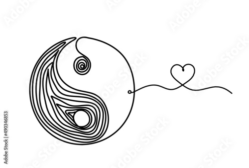 Sign of yin and yang with heart as line drawing on white background