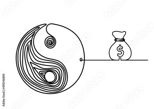 Sign of yin and yang  with dollar as line drawing on white background. Vector