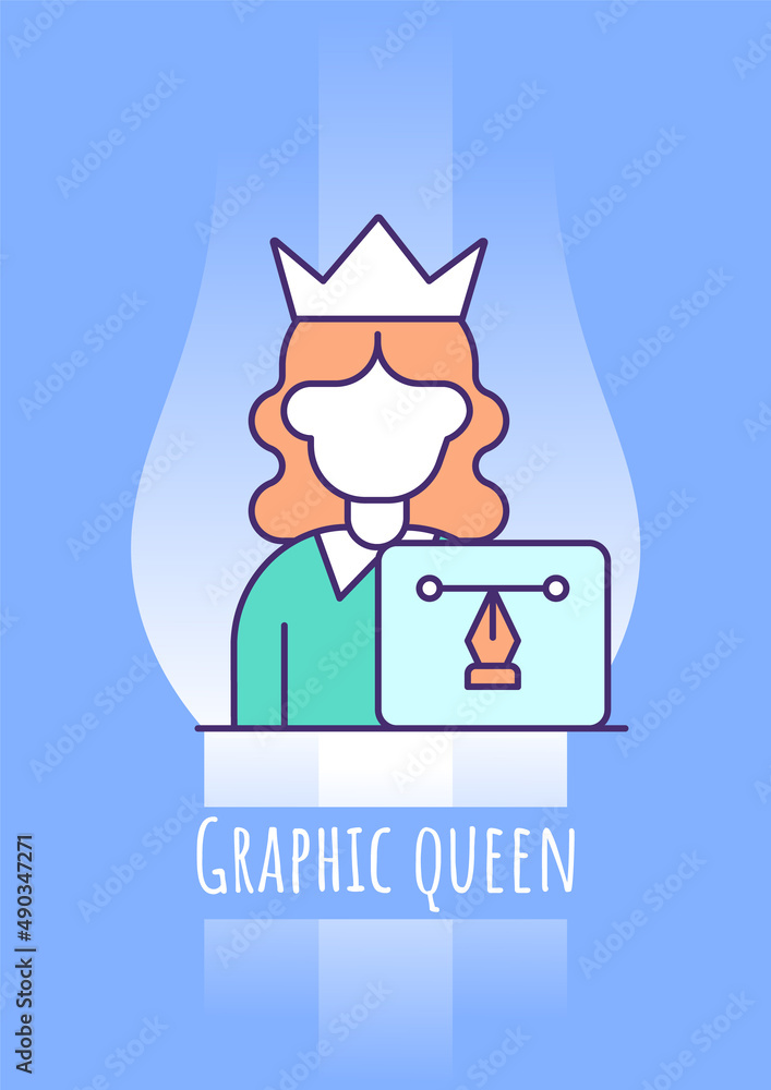 Graphic queen greeting card with color icon element. Professional greetings. Postcard vector design. Decorative flyer with creative illustration. Notecard with congratulatory message on blue