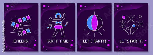 Festive party greeting cards with color icon element set. Having fun and dance. Postcard vector design. Decorative flyer with creative illustration. Notecard with congratulatory message