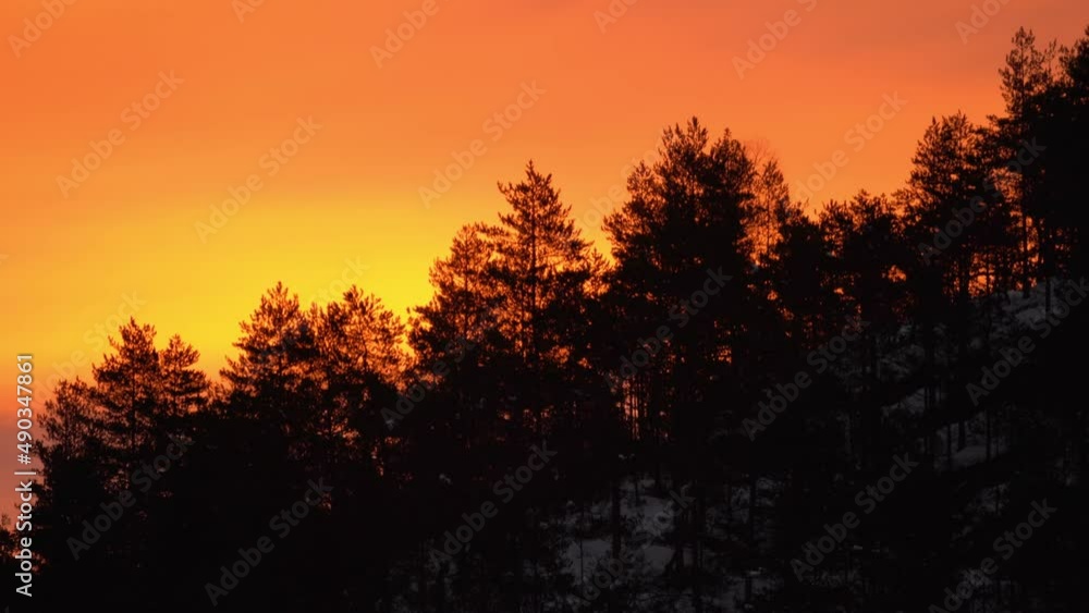 Warm beautiful sunset with vibrant orange sky and silhouette of pine trees on mountain ridge - Snow on ground and slow moving heat distortions seen in the air - Static telephoto tripod nature Warm beautiful sunset with vibrant orange sky and silhouette of pine trees on mountain ridge - Snow on ground and slow moving heat distortions seen in the air - Static telephoto tripod nature