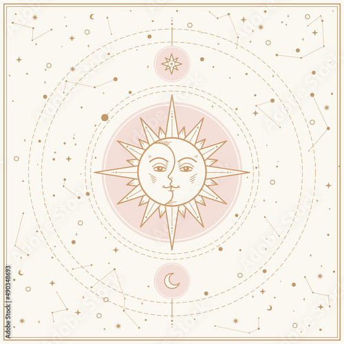 Sun moon astrology tarot illustration tattoo design vector gold isolated background