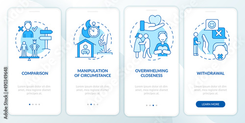 Psychological manipulation signs blue onboarding mobile app screen. Walkthrough 4 steps graphic instructions pages with linear concepts. UI, UX, GUI template. Myriad Pro-Bold, Regular fonts used