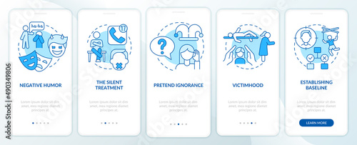 Psychological manipulation examples blue onboarding mobile app screen. Walkthrough 5 steps graphic instructions pages with linear concepts. UI, UX, GUI template. Myriad Pro-Bold, Regular fonts used