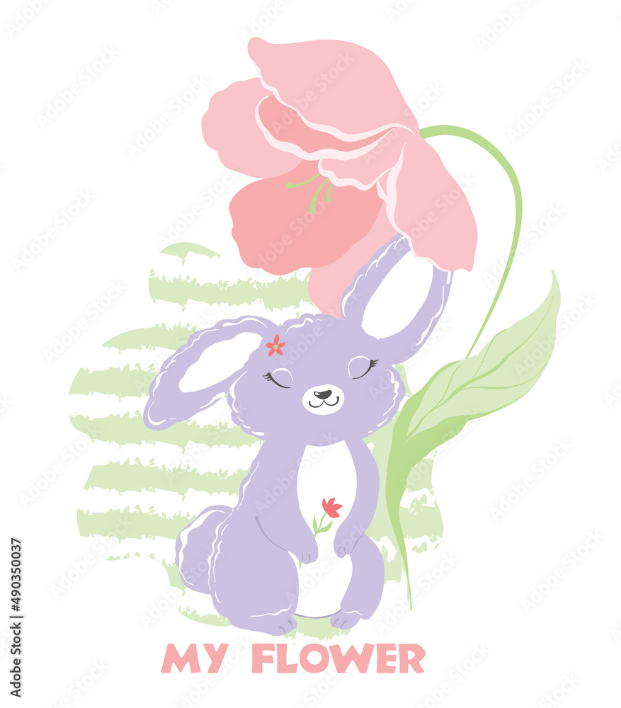 Cute bunny stands under a flower and smiles with the inscription my flower Vector illustration Cute bunny stands under a flower and smiles with the inscription my flower Vector illustration