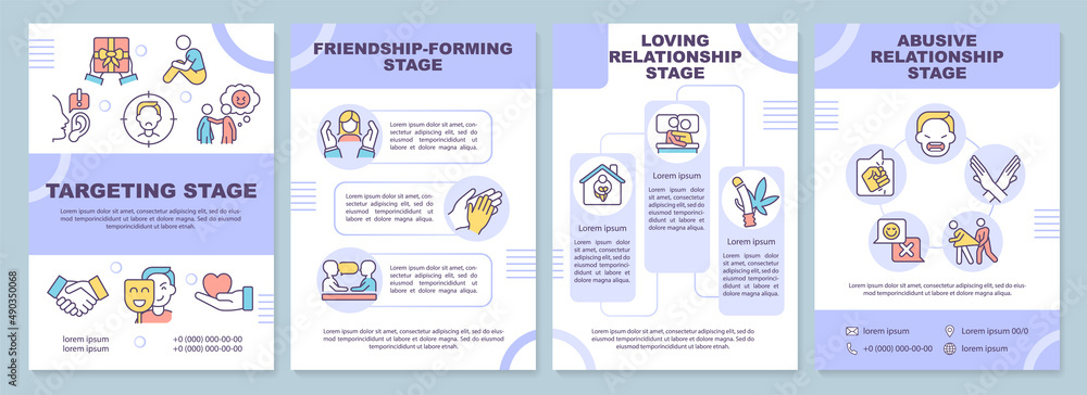 Emotional manipulation stages purple brochure template. Abuser. Leaflet design with linear icons. 4 vector layouts for presentation, annual reports. Arial-Black, Myriad Pro-Regular fonts used