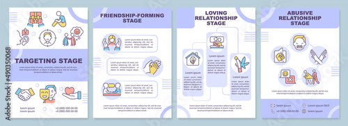 Emotional manipulation stages purple brochure template. Abuser. Leaflet design with linear icons. 4 vector layouts for presentation, annual reports. Arial-Black, Myriad Pro-Regular fonts used