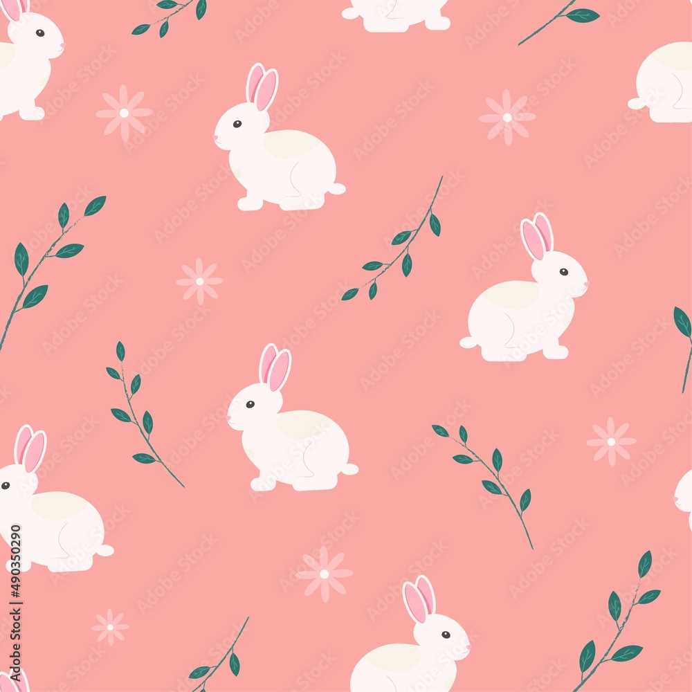 Seamless pattern white rabbit and green on pink bg Seamless pattern white rabbit and green on pink bg