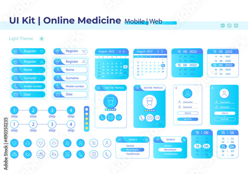Online medicine UI elements kit. Healthcare isolated vector components. Flat navigation menus and interface buttons template. Web design widget collection for mobile application with light theme
