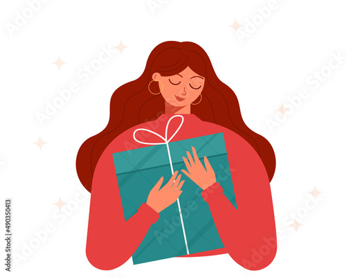 Woman holding a gift. Young woman receiving a gift.Girl with present. Congratulations on the holiday. Vector illustration isolated on white. photo