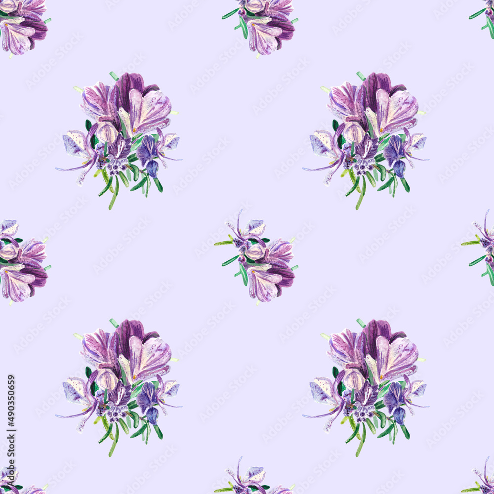 Seamless watercolor floral pattern - elements of purple rosemary flowers on on a purple background. Suitable for wrappers, wallpapers, postcards, greeting cards, wedding invitations, events, packages.