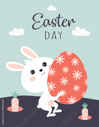 happy easter card of cartoon bunny with egg