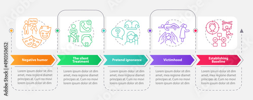 Psychological manipulation examples rectangle infographic template. Data visualization with 5 steps. Process timeline info chart. Workflow layout with line icons. Myriad Pro-Bold, Regular fonts used