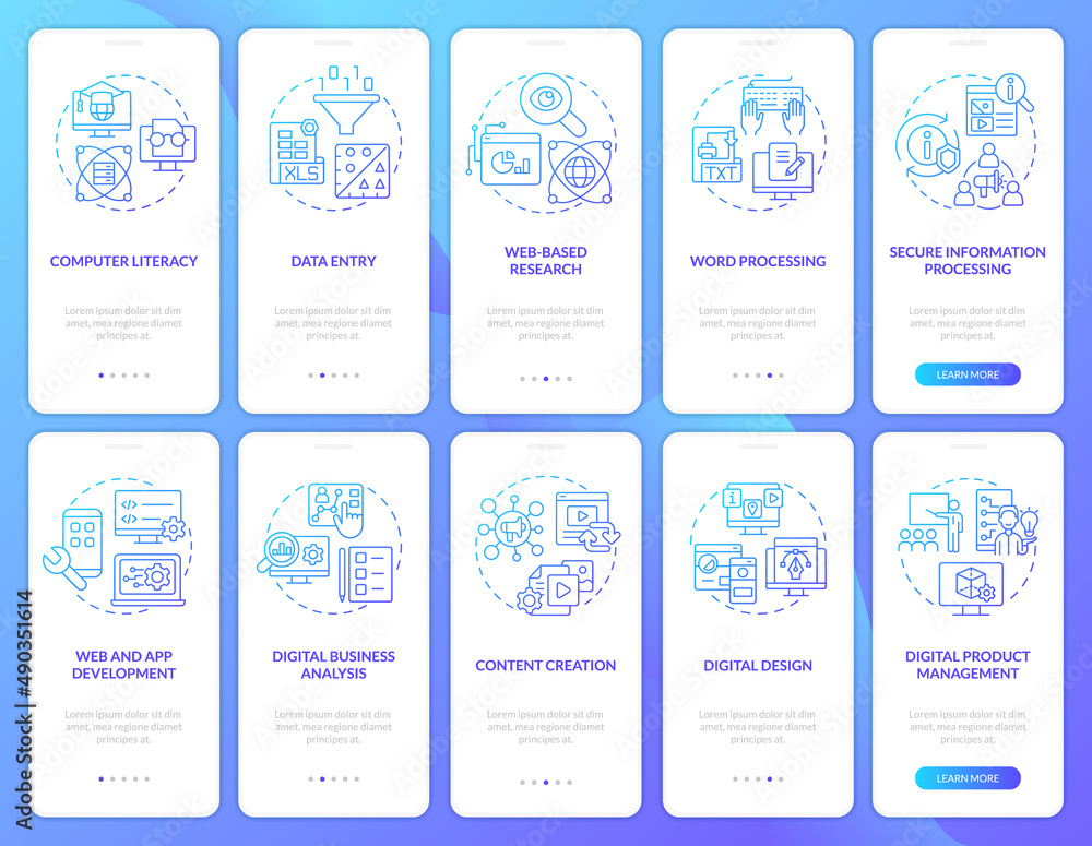 Digital skills, literacy blue gradient onboarding mobile app screen set. Walkthrough 5 steps graphic instructions pages with linear concepts. UI, UX, GUI template. Myriad Pro-Bold, Regular fonts used