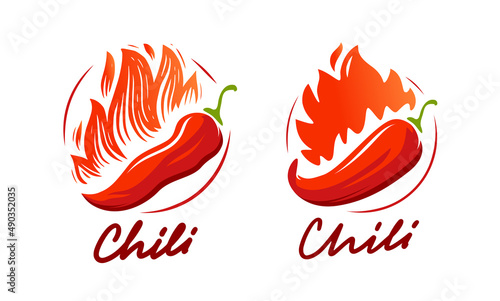 Red chili with flame vector logo. Emblem pepper with and fire