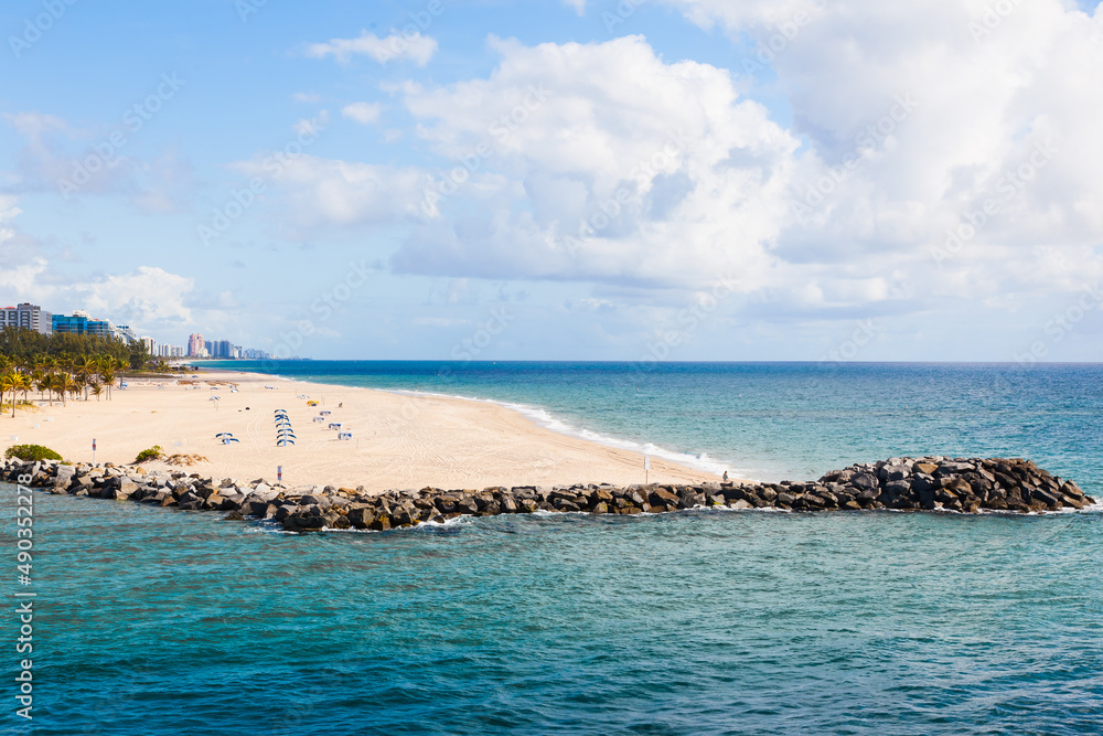 Coast Fort Lauderdale, FL, USA. Empty beach by the ocean near Miami.