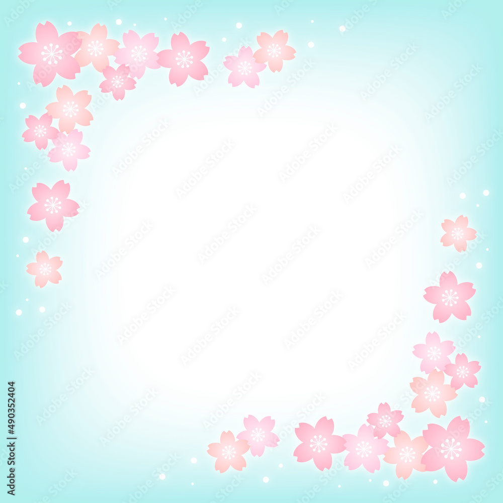 パステルカラーの桜の花と水色の正方形の背景画像/左上右下装飾
