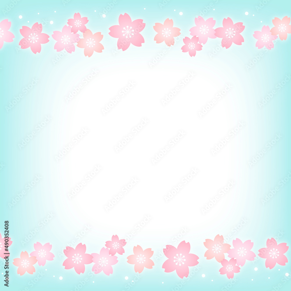 パステルカラーの桜の花と水色の正方形の背景画像/上下装飾・桜小さめ