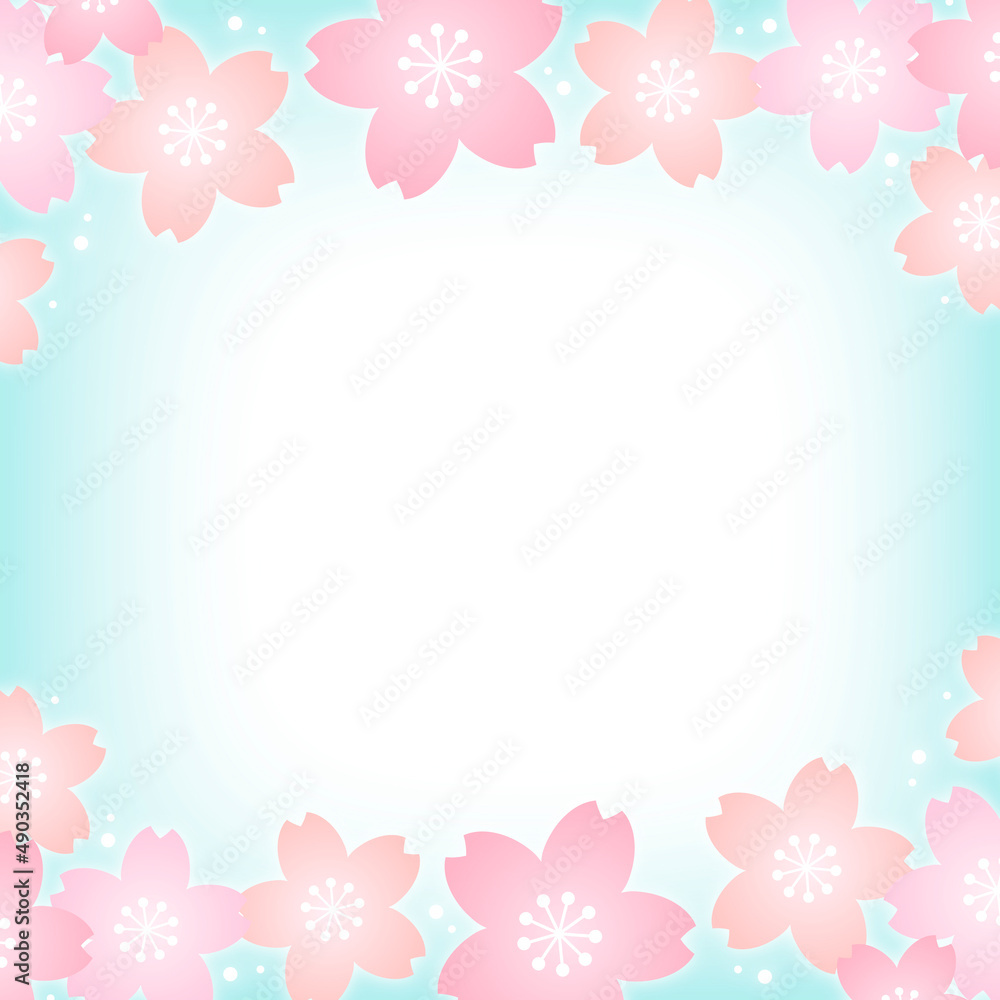 パステルカラーの桜の花と水色の正方形の背景画像/上下装飾