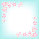 パステルカラーの桜の花と水色の正方形の背景画像/左上右下装飾