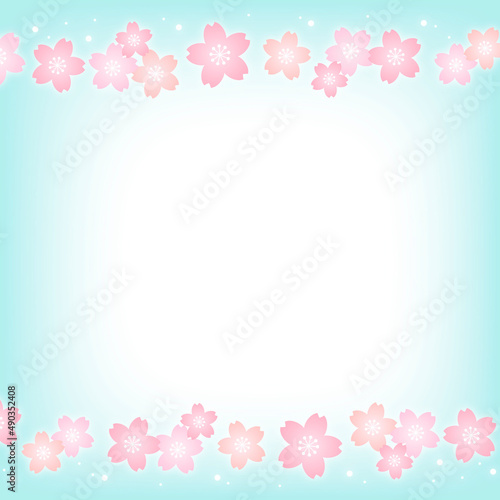 パステルカラーの桜の花と水色の正方形の背景画像/上下装飾・桜小さめ © マイ アオノ