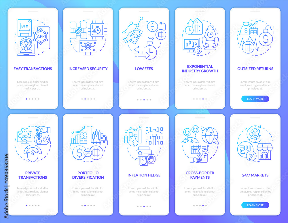 Benefits of owning crypto blue gradient onboarding mobile app screen set. Walkthrough 5 steps graphic instructions pages with linear concepts. UI, UX, GUI template. Myriad Pro-Bold, Regular fonts used