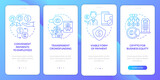 Crypto strong points in usage blue gradient onboarding mobile app screen. Walkthrough 4 steps graphic instructions pages with linear concepts. UI, UX, GUI template. Myriad Pro-Bold, Regular fonts used