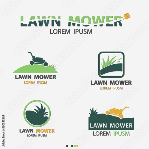 Lawn Mower And Green Grass Logo Set - Vector