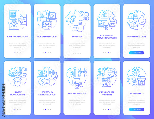 Benefits of owning crypto blue gradient onboarding mobile app screen set. Walkthrough 5 steps graphic instructions pages with linear concepts. UI, UX, GUI template. Myriad Pro-Bold, Regular fonts used