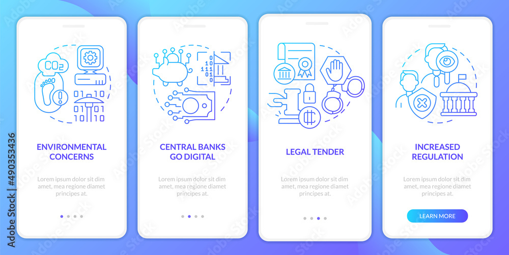 Crypto shortcomings in future blue gradient onboarding mobile app screen. Walkthrough 4 steps graphic instructions pages with linear concepts. UI, UX, GUI template. Myriad Pro-Bold, Regular fonts used
