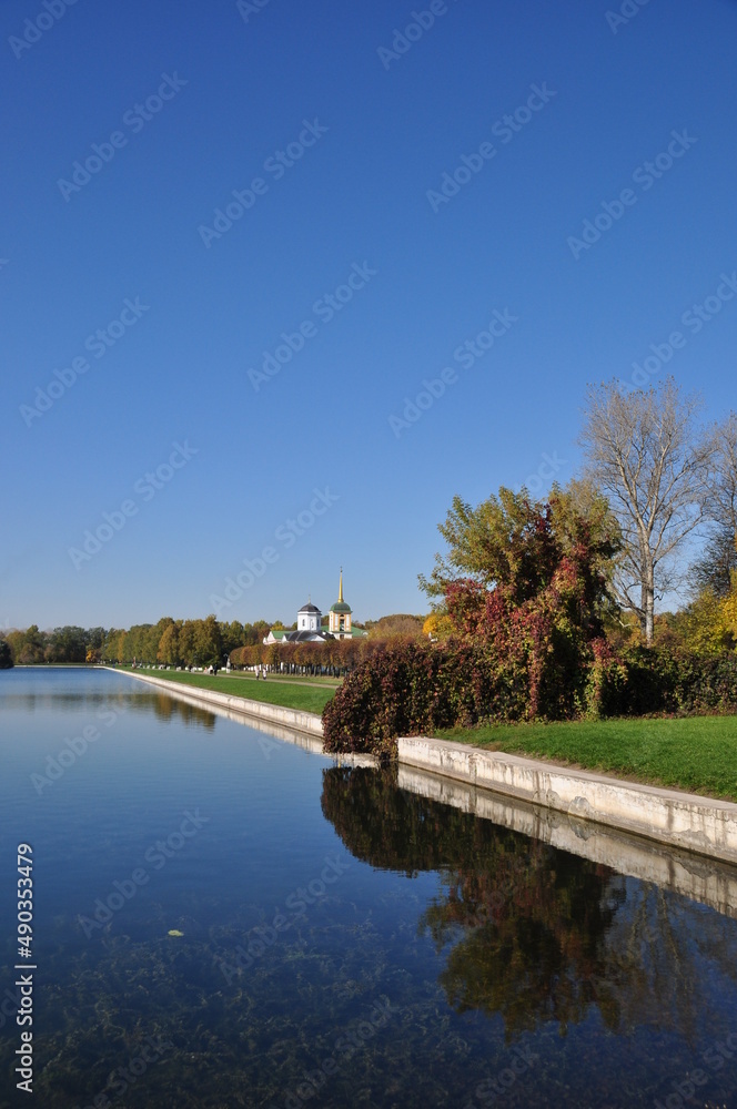 Panoramic view of the Kuskovo estate and the pond. Clear sunny day.