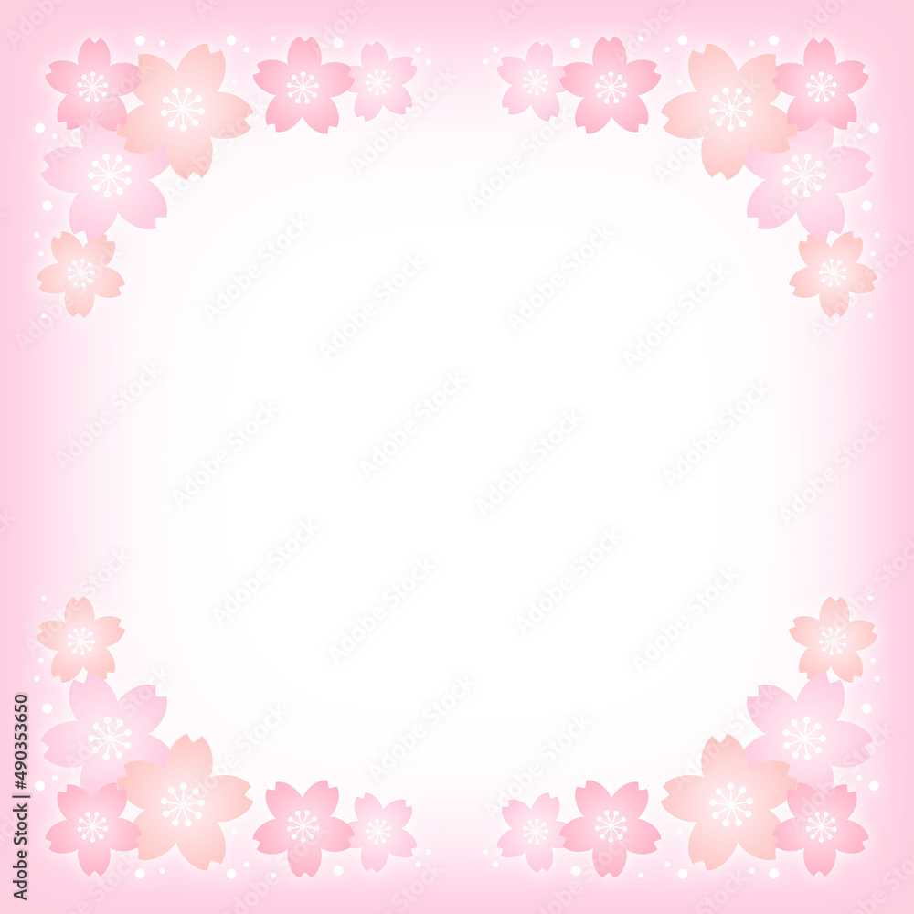 パステルカラーの桜の花とピンクの正方形の背景画像/四隅装飾