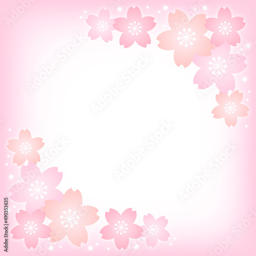 パステルカラーの桜の花とピンクの正方形の背景画像/右上左下装飾
