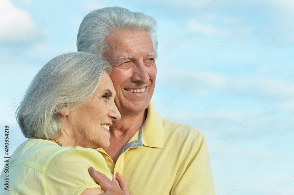 Beautiful senior couple posing and hugging in the park Beautiful senior couple posing and hugging in the park