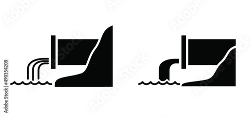 Grey wastewater, dirty water. Sewer pipe icon or pictogram. From the pipe flowing liquid into the river or sea. Vector disposal symbol or logo. Waste water pollution from industry.