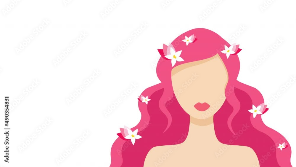 4K Animated Beautiful Woman with flowers on hair. Women's day animation concept template for multiple uses. A beautiful woman with pink hair and flowers. 8 March Happy international women's day card. 4K Animated Beautiful Woman with flowers on hair. Women's day animation concept template for multiple uses. A beautiful woman with pink hair and flowers. 8 March Happy international women's day card.