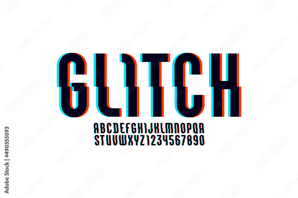 Alphabet of distorted glitch effect, Shifted modern font, letters and numbers with effect sliced.