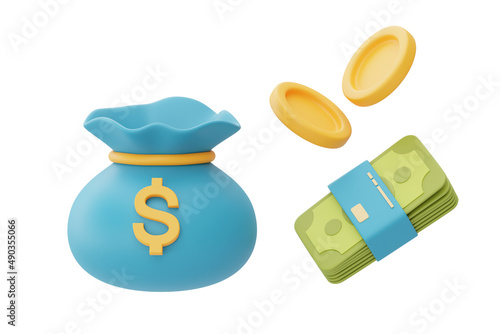 Money bag with golden coins and banknotes isolated on light background,money saving concept.minimal style.3d rendering.