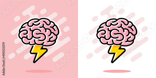 Brainstorm vector logo. Human brain and lightning
