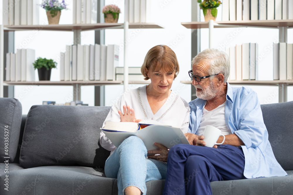 Fototapeta premium senior couple reading a book and self learning in living room