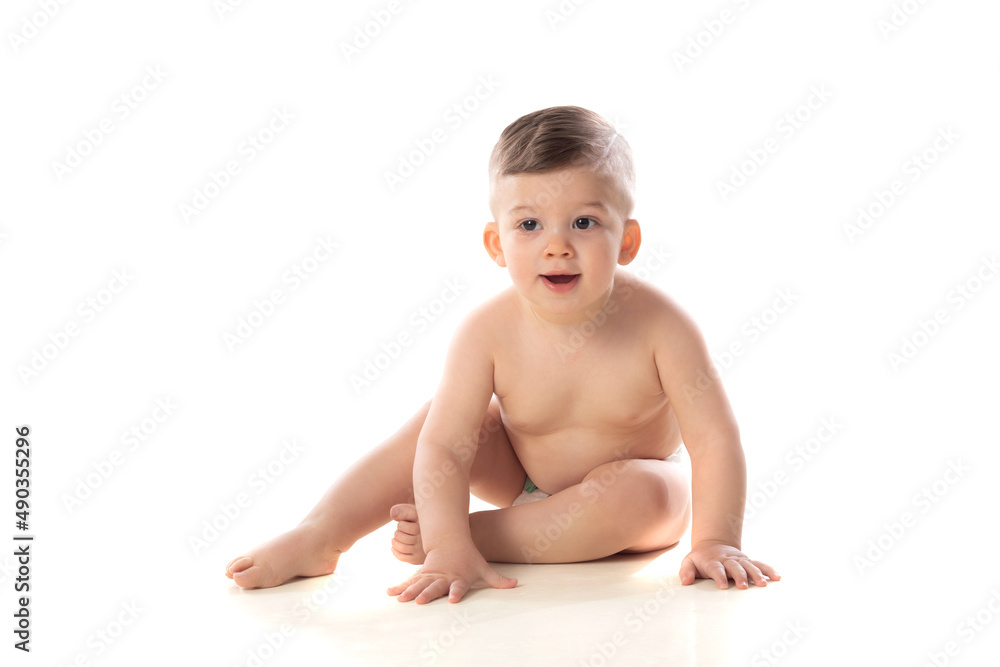 Funny child baby boy toddler naked in diaper Funny child baby boy toddler naked in diaper
